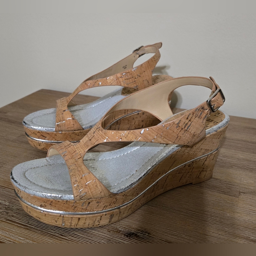Donald J. Pliner Tan and Silver Wedges with Adjustable Ankle Strap